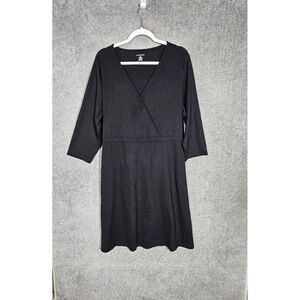 Lands‎ End Midi Dress Womens Size 1X Black Stretch 3/4 Sleeve V-Neck Tie in Back